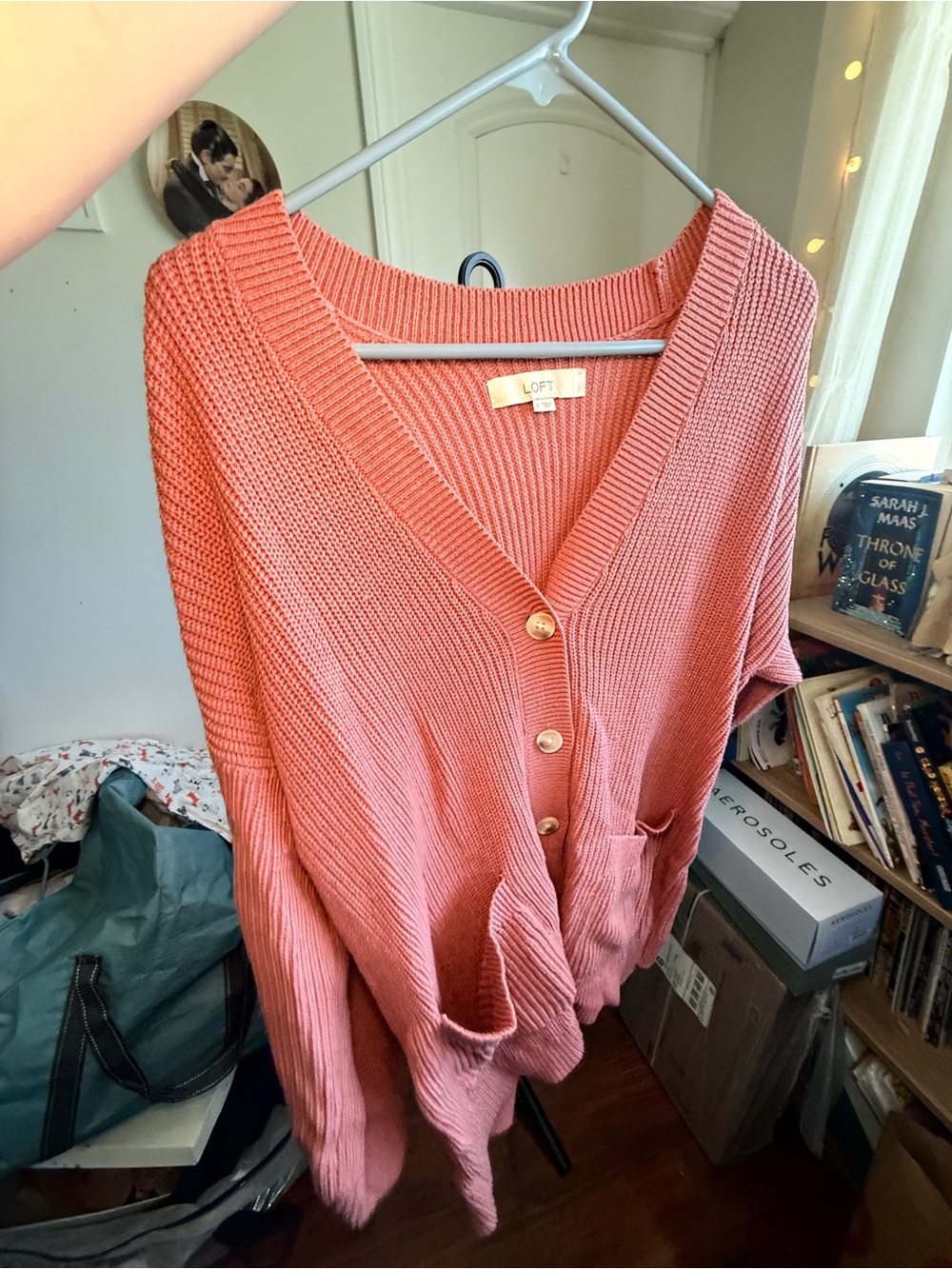 LOFT Coral Button-Up V-Neck Pocket Cardigan